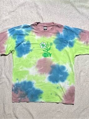 Obey Tie-Dye Flower Logo Tee - Green/Blue/Pink